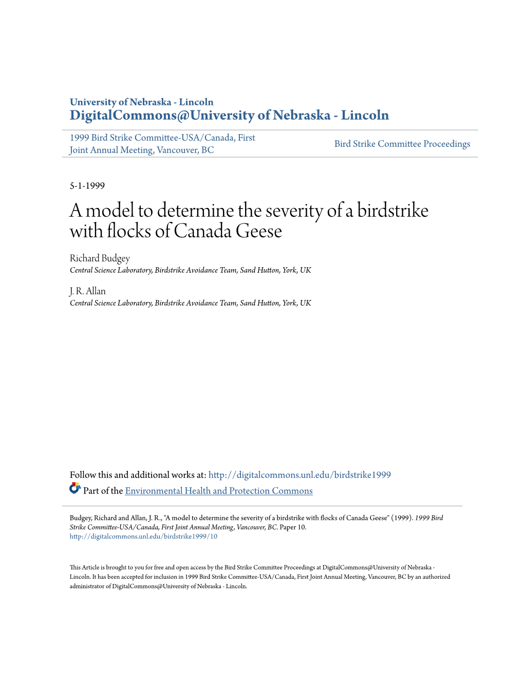 A Model to Determine the Severity of a Birdstrike With