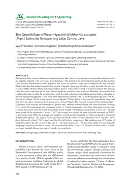 The Growth Rate of Water Hyacinth (Eichhornia Crassipes (Mart.) Solms) in Rawapening Lake, Central Java