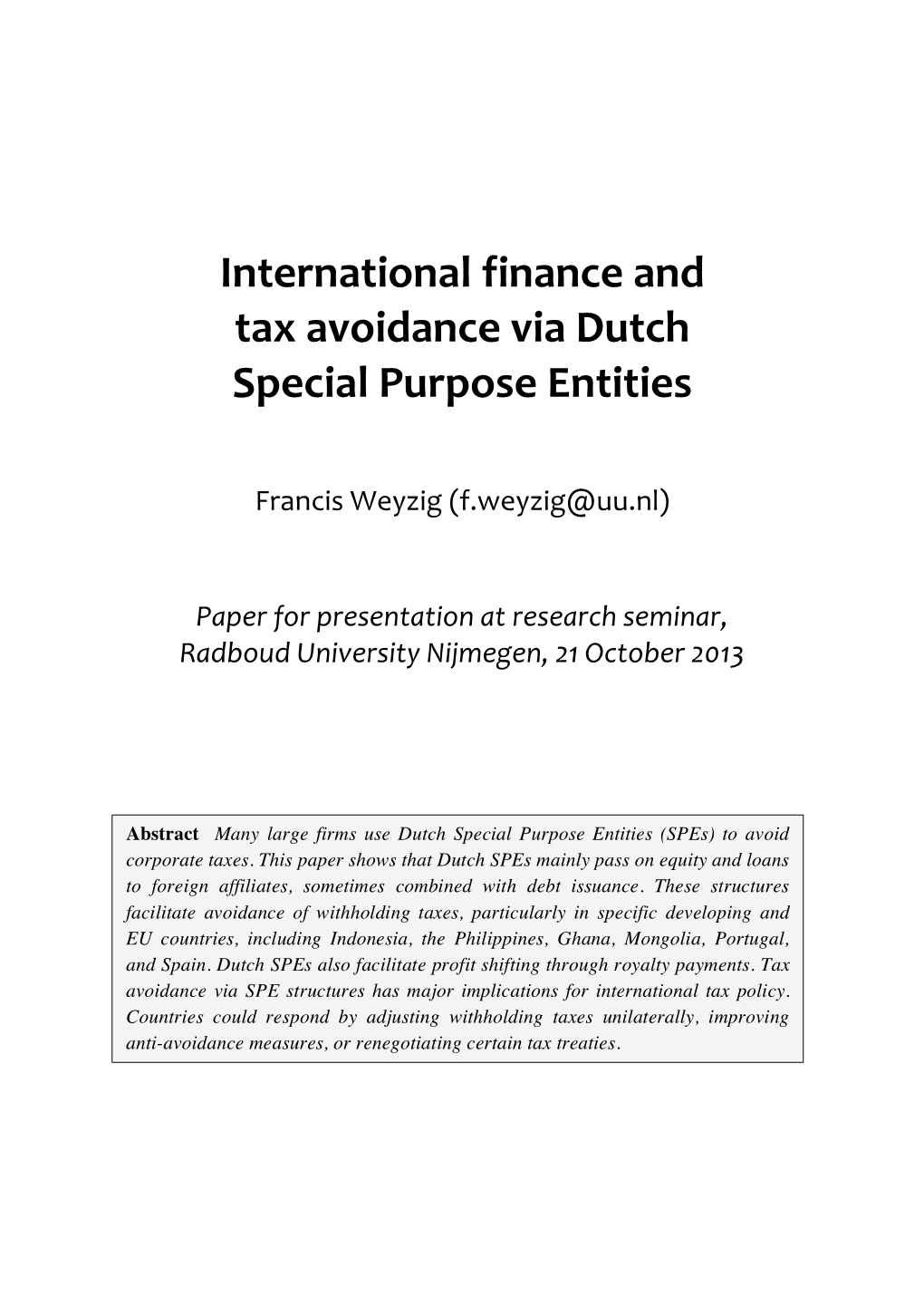 International Finance and Tax Avoidance Via Dutch Special Purpose Entities
