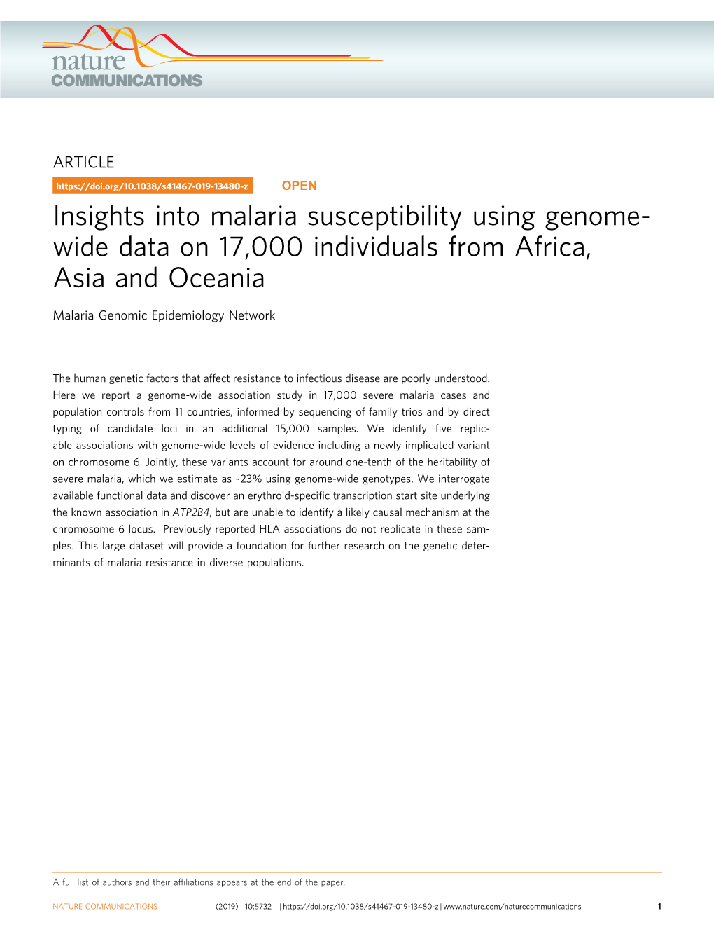 S41467-019-13480-Z OPEN Insights Into Malaria Susceptibility Using Genome- Wide Data on 17,000 Individuals from Africa, Asia and Oceania
