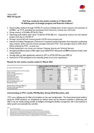 FY21 Preliminary Results Statement