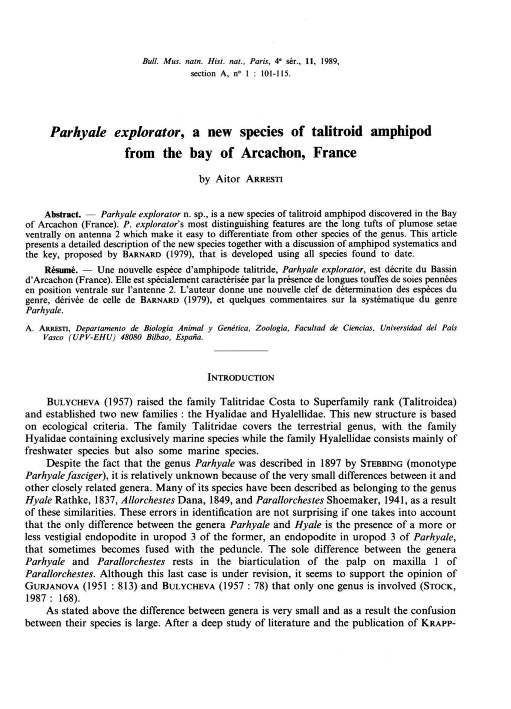 Parhyale Explorator, from the a New Species of Bay of Arcachon, Talitroid