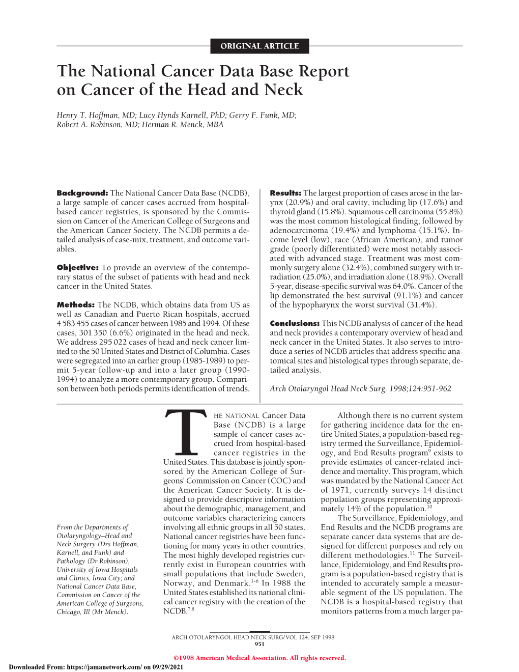 The National Cancer Data Base Report on Cancer of the Head and Neck