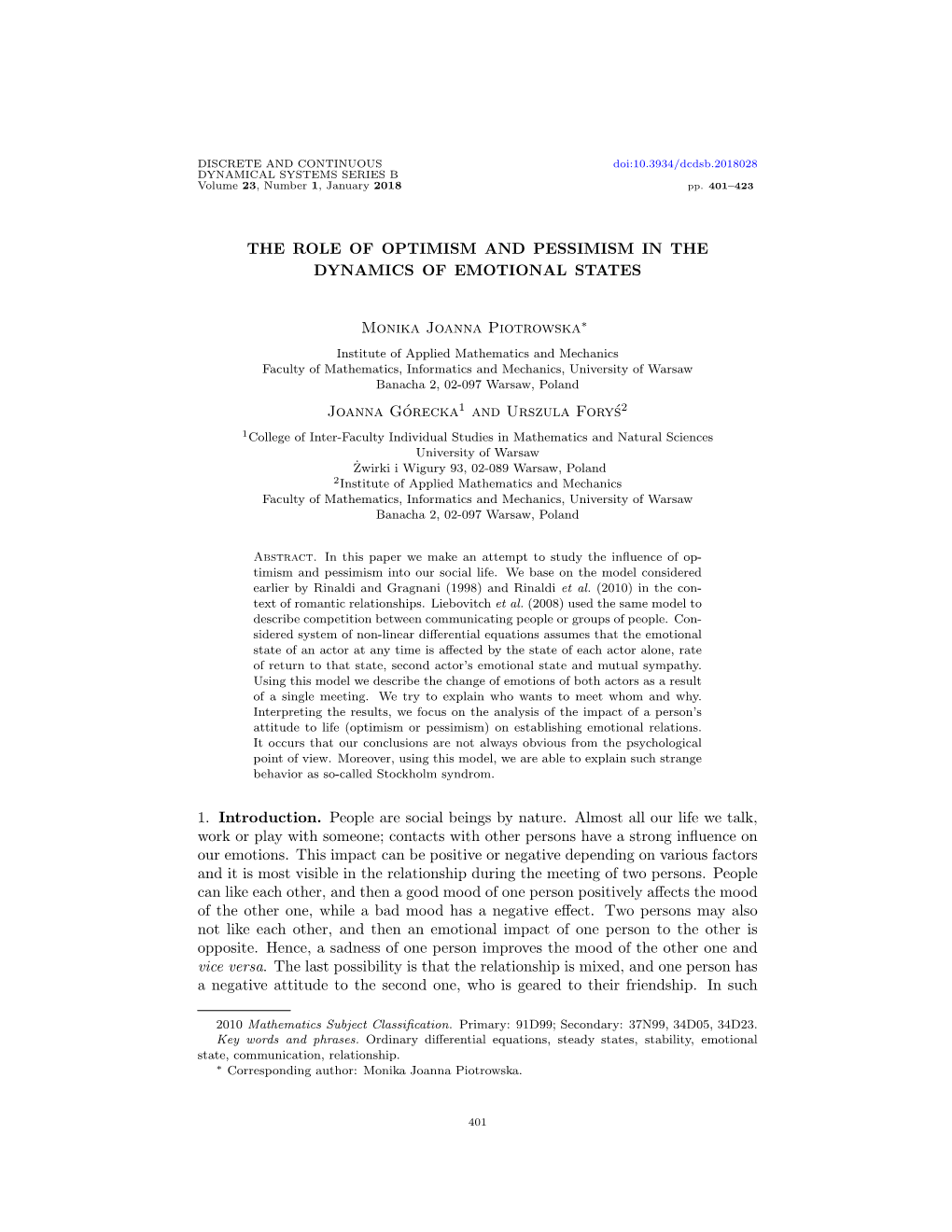 The Role of Optimism and Pessimism in the Dynamics of Emotional States