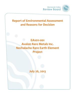 Report of Environmental Assessment and Reasons for Decision EA1011