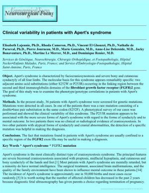 Clinical Variability in Patients with Apert's Syndrome