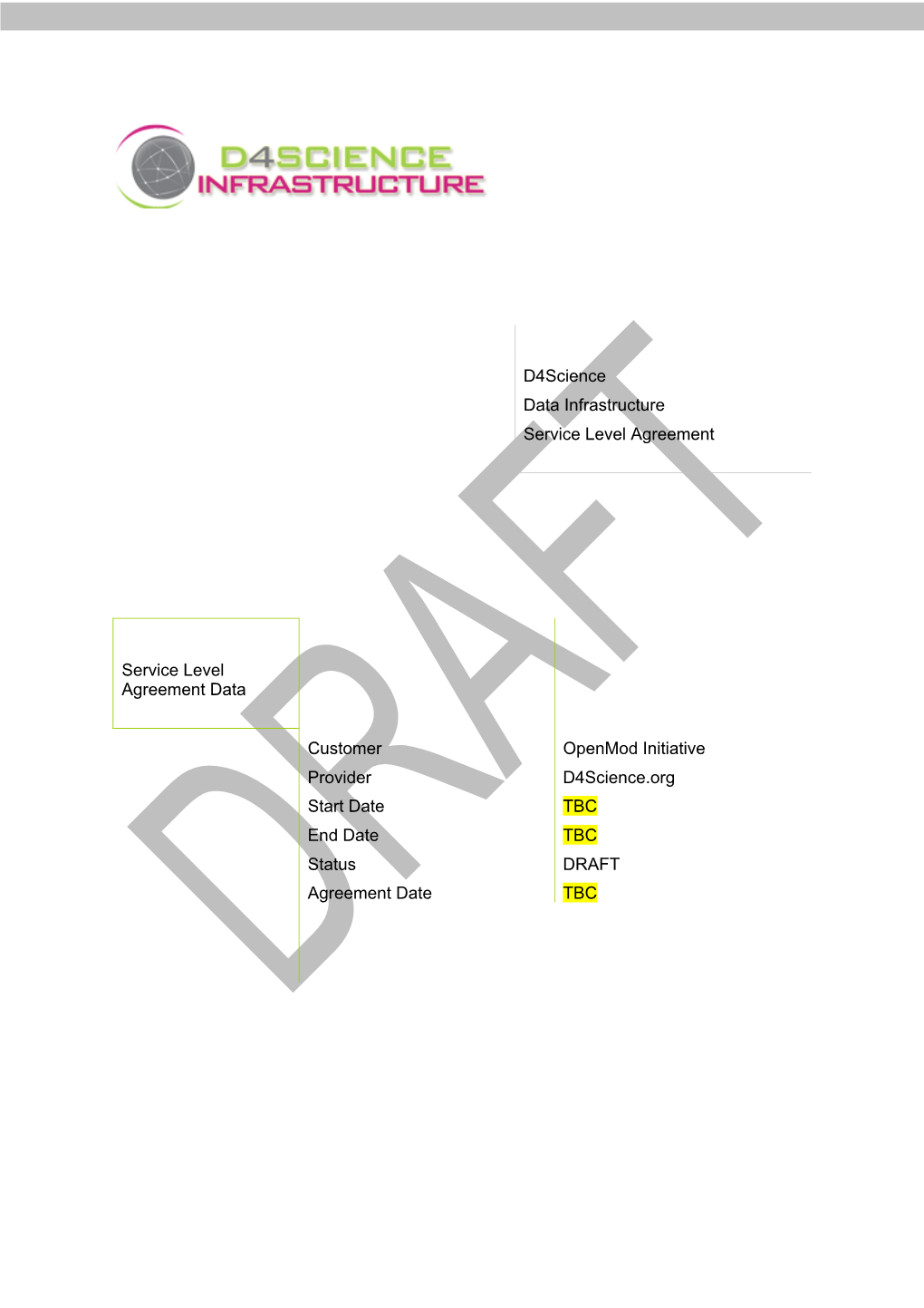 D4science Data Infrastructure Service Level Agreement Service Level