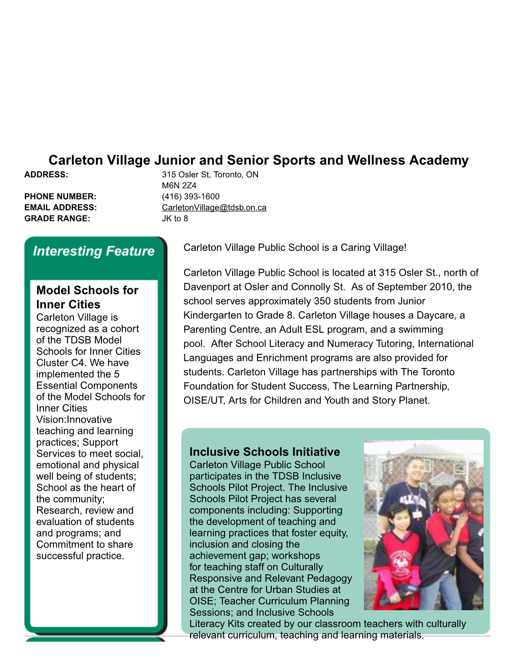 Carleton Village Junior and Senior Sports and Wellness Academy