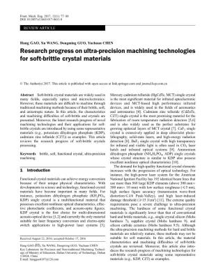 Research Progress on Ultra-Precision Machining Technologies for Soft-Brittle Crystal Materials