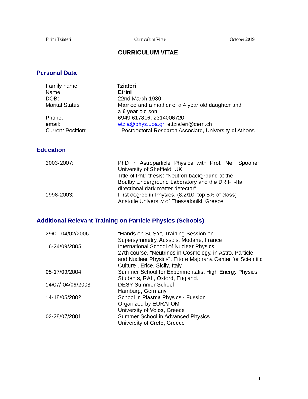 Curriculum Vitae October 2019