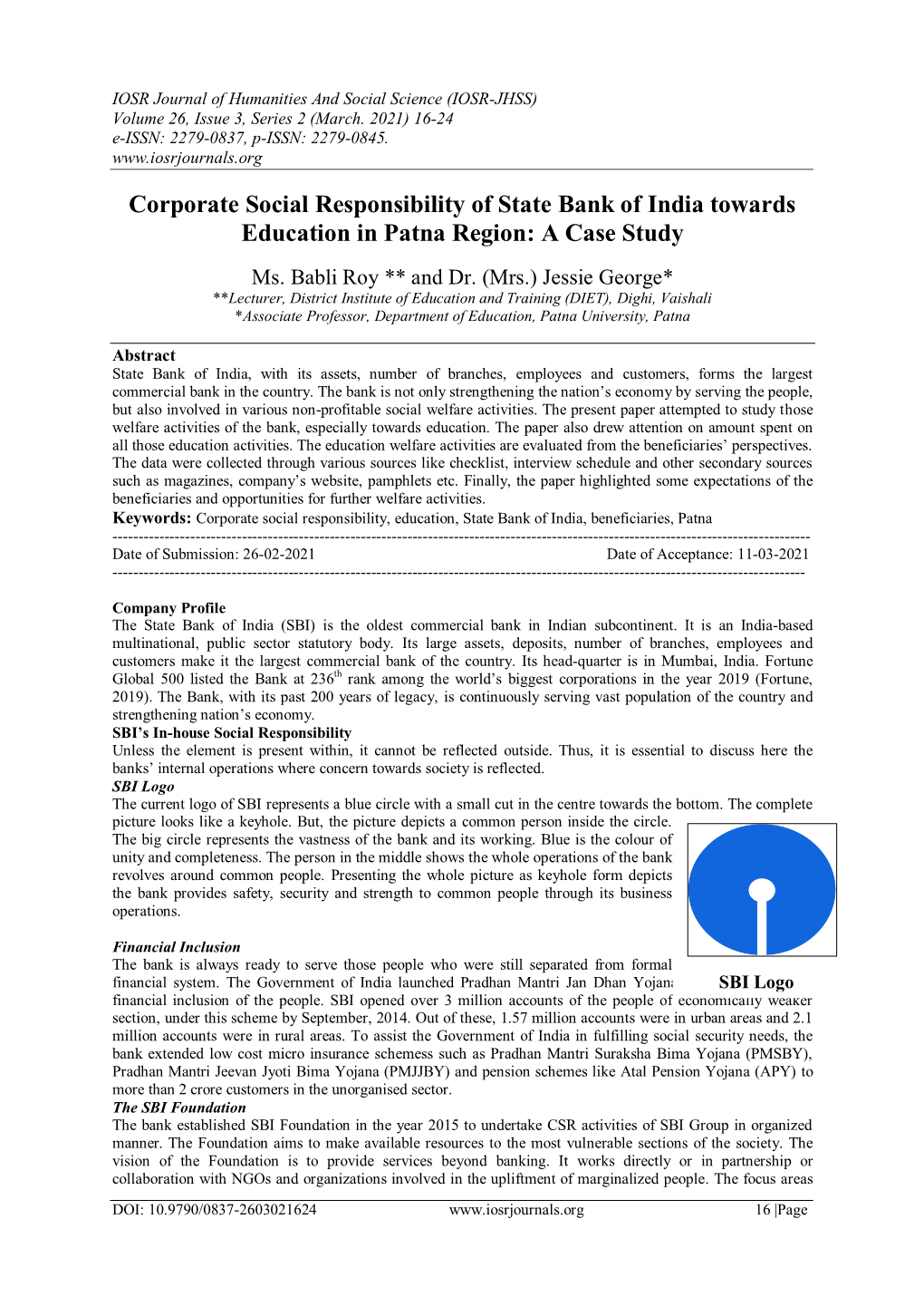 Corporate Social Responsibility of State Bank of India Towards Education in Patna Region: a Case Study