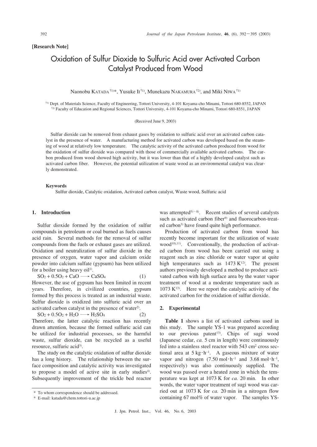 Oxidation of Sulfur Dioxide to Sulfuric Acid Over Activated Carbon Catalyst Produced from Wood