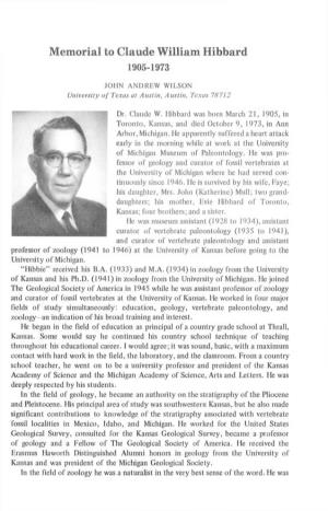 Memorial to Claude William Hibbard 1905-1973 JOHN ANDREW WILSON University of Texas at Austin, Austin, Texas 78712 Dr