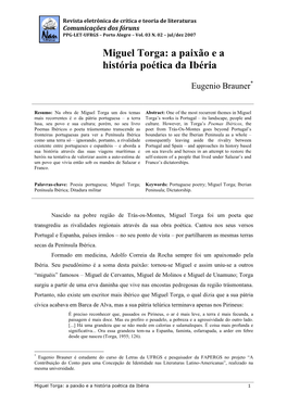 Miguel Torga: a Paixão E a História Poética Da Ibéria