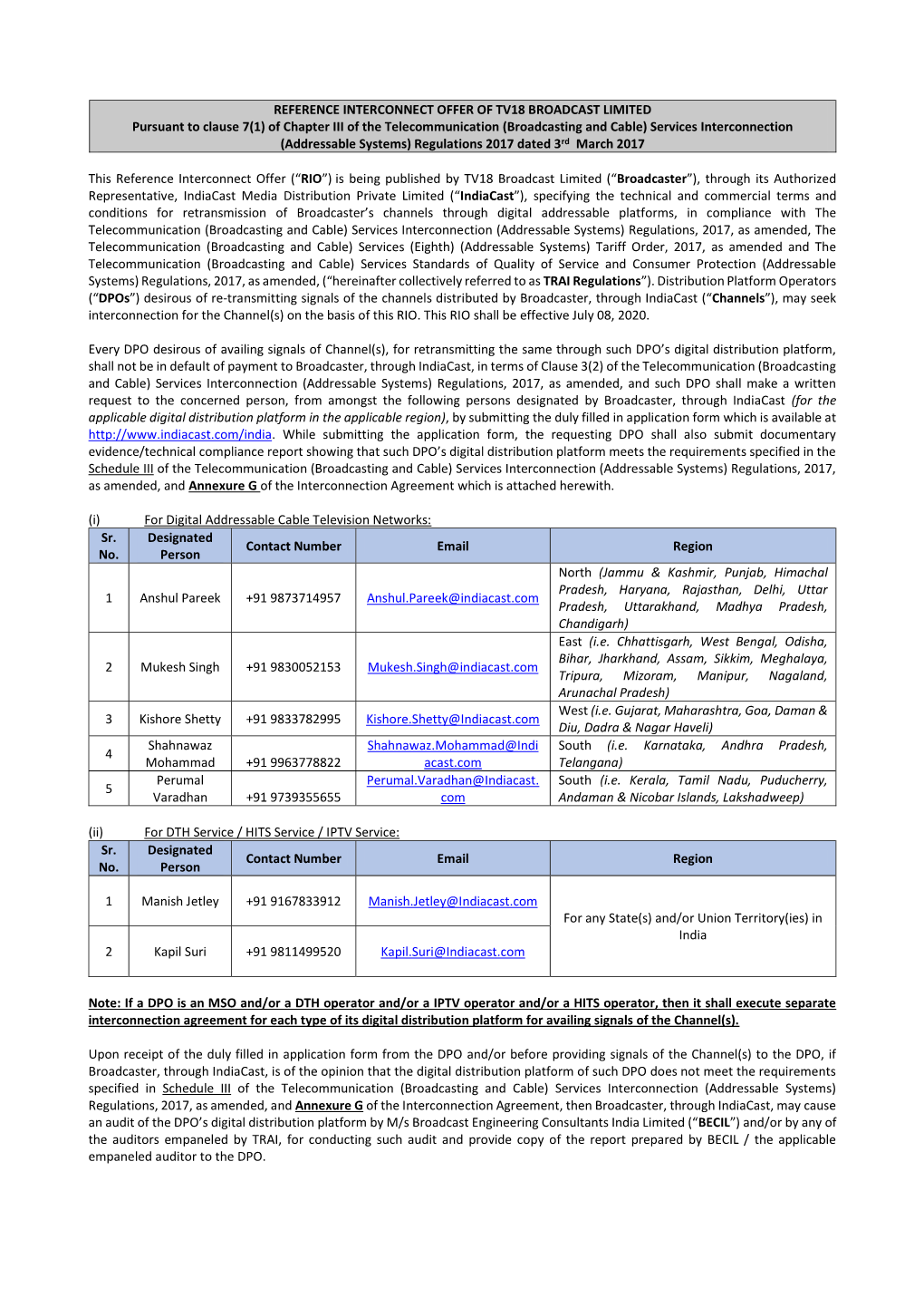 Reference Interconnect Offer of Tv18 Broadcast