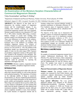 An Examination of the Moisture Sorption Characteristics of Commercial Magnesium Stearate Vidya Swaminathan1 and Dane O