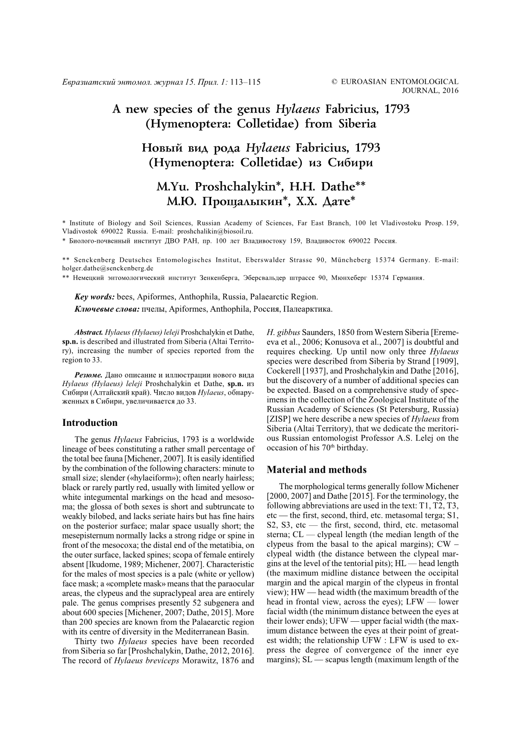 A New Species of the Genus Hylaeus Fabricius, 1793 (Hymenoptera