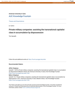 Private Military Companies: Assisting the Transnational Capitalist Class in Accumulation by Dispossession