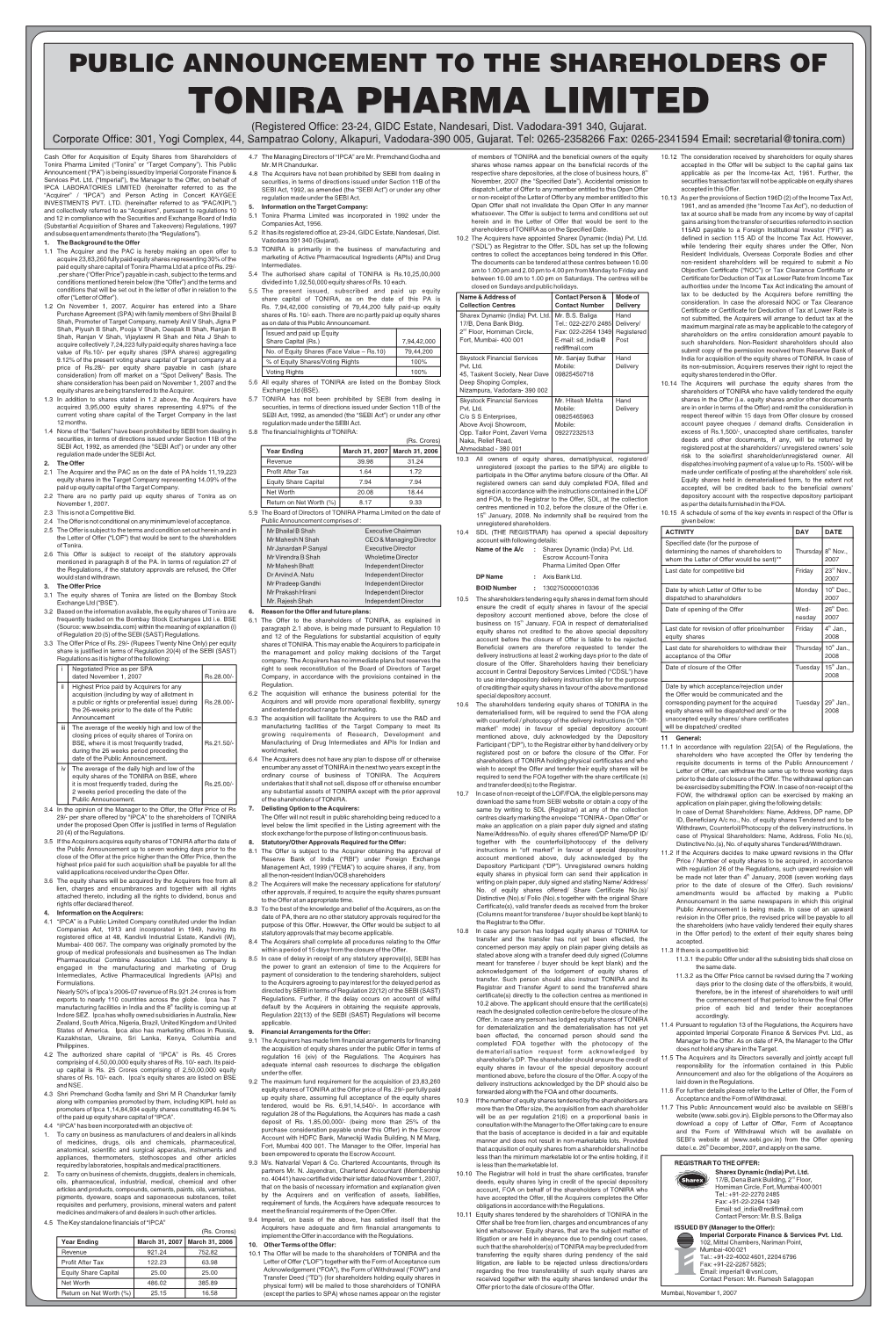 PUBLIC ANNOUNCEMENT to the SHAREHOLDERS of TONIRA PHARMA LIMITED (Registered Office: 23-24, GIDC Estate, Nandesari, Dist