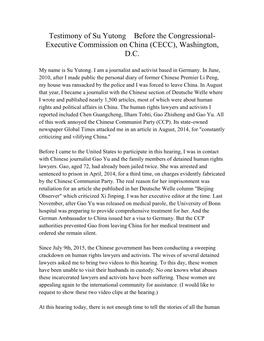 Testimony of Su Yutong Before the Congressional- Executive Commission on China (CECC), Washington, D.C