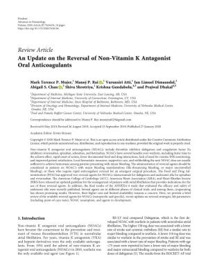 Review Article an Update on the Reversal of Non-Vitamin K Antagonist Oral Anticoagulants
