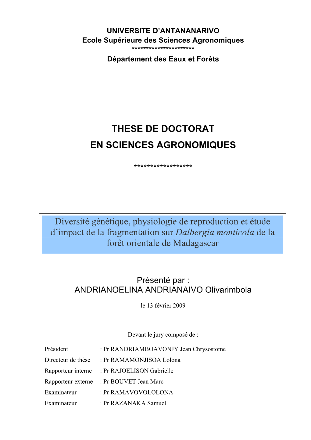 These De Doctorat En Sciences Agronomiques