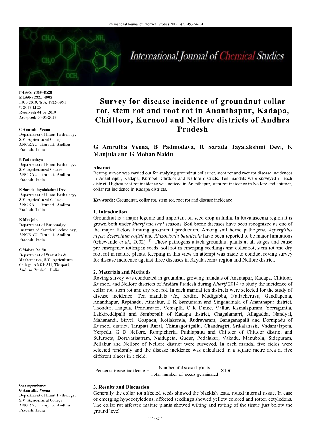 Survey for Disease Incidence of Groundnut Collar Rot, Stem Rot and Root Rot in Ananthapur, Kadapa, Chitttoor, Kurnool and Nellor