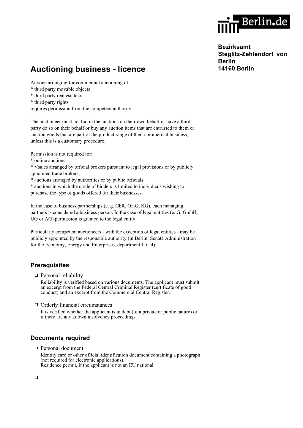 Auctioning Business - Licence 14160 Berlin