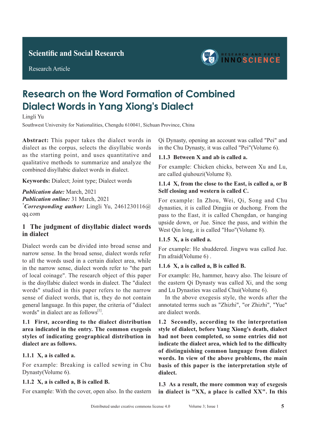 Research on the Word Formation of Combined Dialect Words in Yang