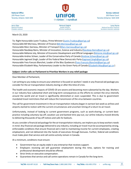 March 23, 2020 To: Right Honourable Justin Trudeau, Prime Minister (Justin.Trudeau@Parl.Gc.Ca) Honourable Bill Morneau, Minister