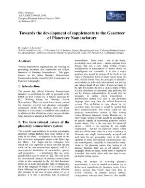 Towards the Development of Supplements to the Gazetteer of Planetary Nomenclature