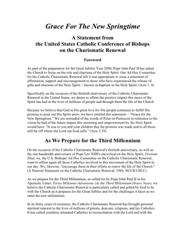 Grace for the New Springtime a Statement from the United States Catholic Conference of Bishops on the Charismatic Renewal