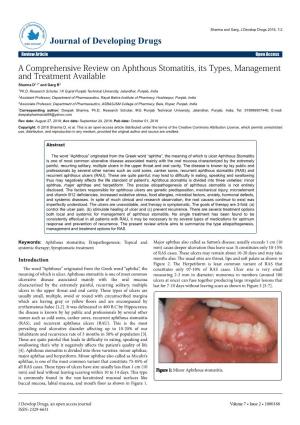 A Comprehensive Review on Aphthous Stomatitis, Its Types, Management and Treatment Available Sharma D1,2* and Garg R3 1Ph.D