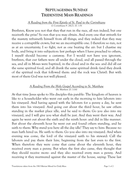 SEPTUAGESIMA SUNDAY TRIDENTINE MASS READINGS a Reading from the First Epistle of St. Paul to the Corinthians Brethren, Know