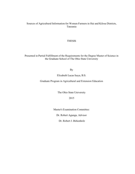 Sources of Agricultural Information for Women Farmers in Hai and Kilosa Districts, Tanzania THESIS Presented in Partial Fulfill