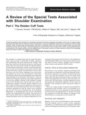 A Review of the Special Tests Associated with Shoulder Examination Part I: the Rotator Cuff Tests T