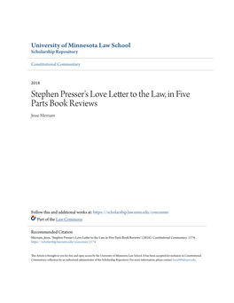 Stephen Presser's Love Letter to the Law, in Five Parts Book Reviews Jesse Merriam
