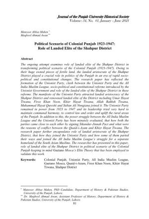 Political Scenario of Colonial Punjab 1923-1947: Role of Landed Elite of the Shahpur District