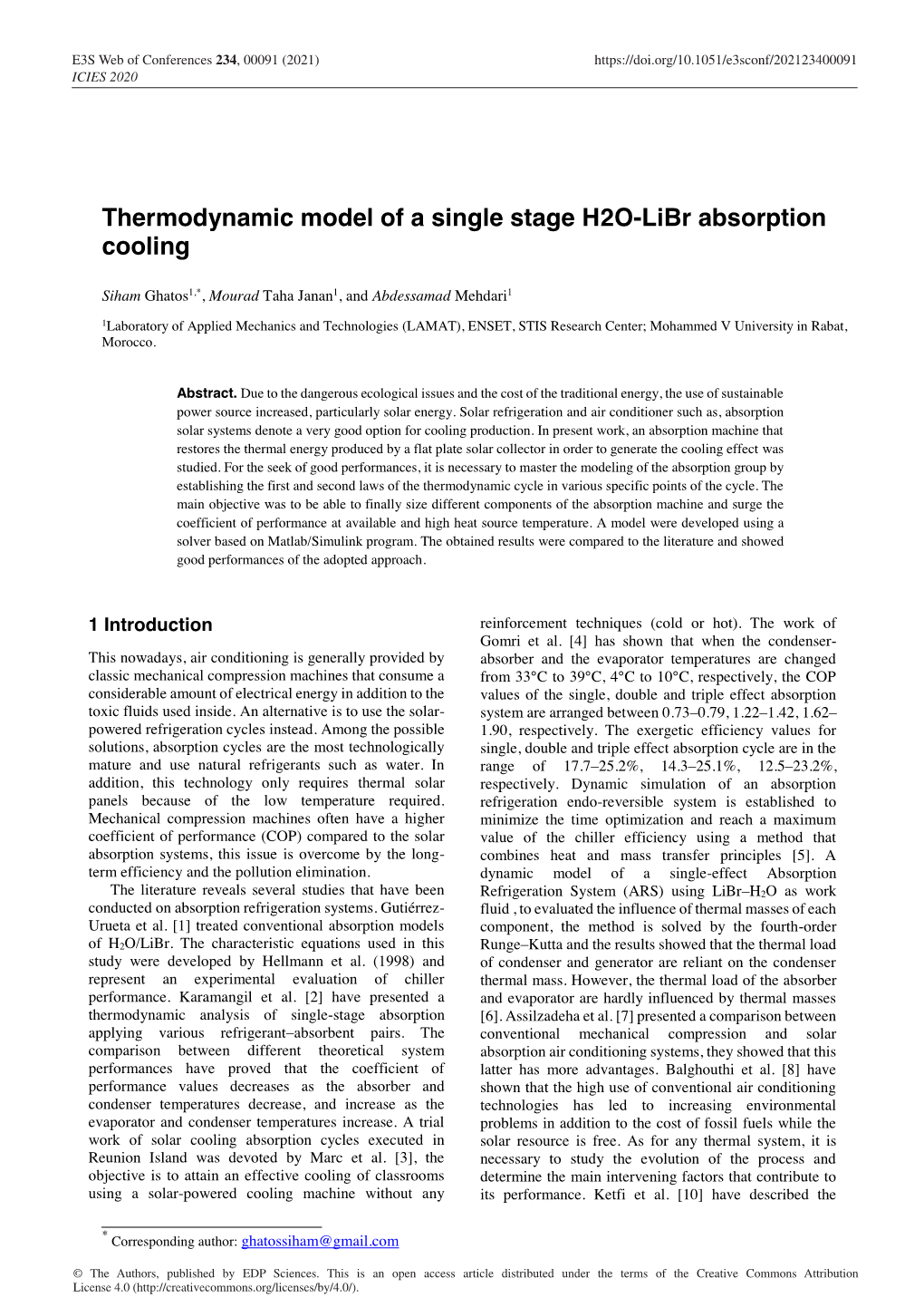 Thermodynamic Model of a Single Stage H2O-Libr Absorption Cooling