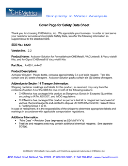 Cover Page for Safety Data Sheet