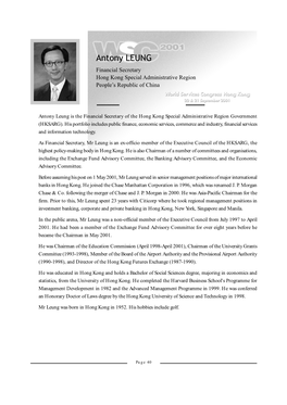 Antony LEUNG Financial Secretary Hong Kong Special Administrative Region