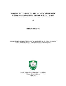Surface Water Quality and Its Impact on Water Supply Scenario in Khulna City of Bangladesh