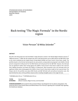 Back Testing “The Magic Formula” in the Nordic Region