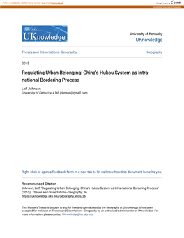 China's Hukou System As Intra-National Bordering Process" (2015)