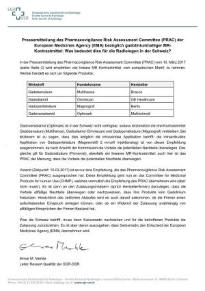 (PRAC) Der European Medicines Agency (EMA) Bezüglich Gadoliniumhaltiger MR- Kontrastmittel: Was Bedeutet Dies Für Die Radiologen in Der Schweiz?