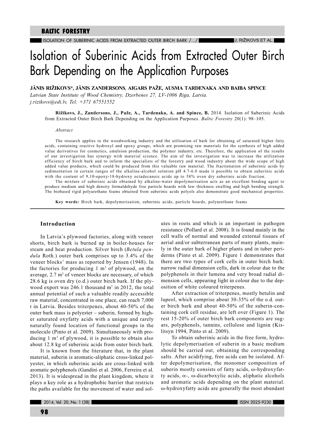 Isolation of Suberinic Acids from Extracted Outer Birch Bark /.../ J