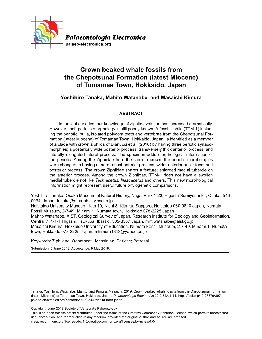 Crown Beaked Whale Fossils from the Chepotsunai Formation (Latest Miocene) of Tomamae Town, Hokkaido, Japan