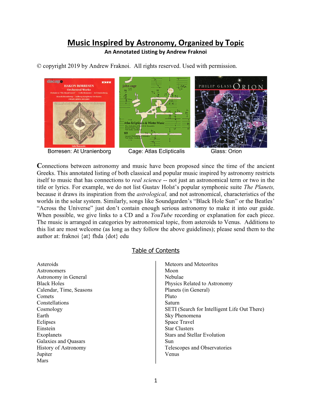 Music Inspired by Astronomy, Organized by Topic an Annotated Listing by Andrew Fraknoi