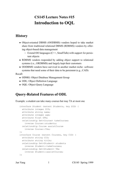 CS145 Lecture Notes #15 Introduction to OQL