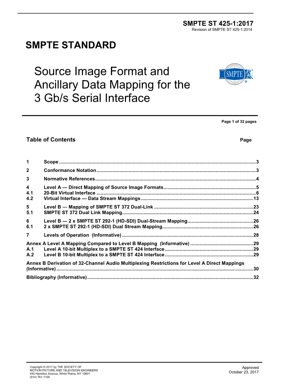 Source Image Format and Ancillary Data Mapping for the 3 Gb/S Serial